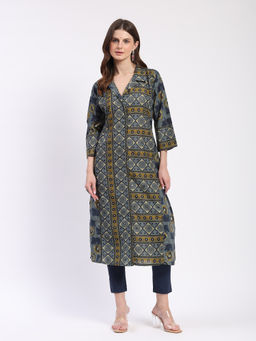 ME & I - Women Multicolor Cotton Embellished Shirt Collar Straight Kurta