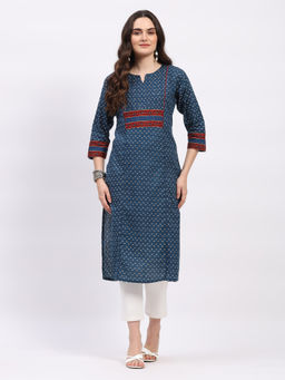 ME & I - Women Indigo Cotton Embellished V Notch Neck Kurta
