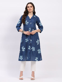 ME & I - Women Blue Cotton Striped Shirt Collar Straight Kurta
