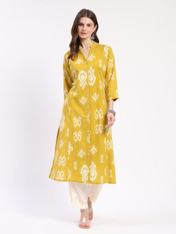 ME & I - Women Mustard Cotton Ikat Print Mandarin Collar A-Line Kurta