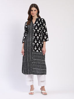 ME & I - Women Black Cotton Printed Mandarin Collar Straight Kurta