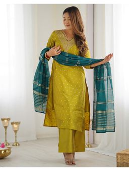 Kedar Fab - Women Art Silk Mustard Motif Embroidered Kurta With Pant & Dupatta