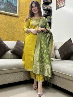 Kedar Fab - Women Cotton Blend Mustard Embroidered Kurta With Pant & Dupatta