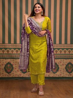 Kedar Fab - Women Art Silk Mustard Motif Embroidered Kurta With Pant & Dupatta