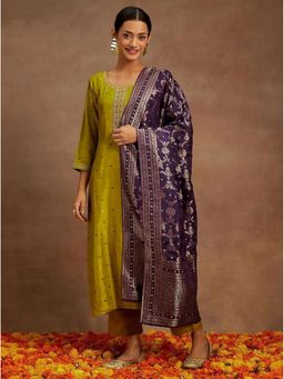 Kedar Fab - Women Art Silk Mustard Motif Embroidered Kurta With Pant & Dupatta