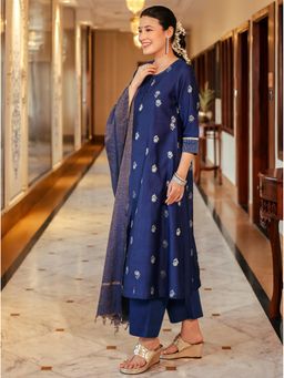 Kedar Fab - Women Art Silk Navy Blue Motif Kurta With Pant & Dupatta