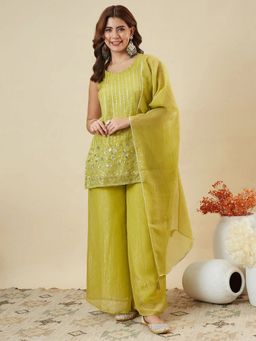 Kedar Fab - Women Green Pista Dola Kurta With Palazzo & Dupatta