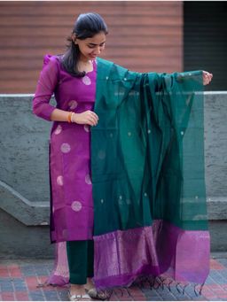 Kedar Fab - Women Art Silk Purple Motif Kurta With Pant & Dupatta