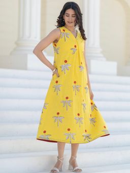 Sooti Syahi - Women Dragonfly Dreams Yellow Hand Block Printed Cotton Dress