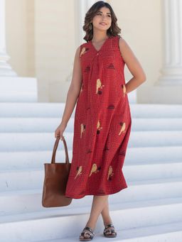 Sooti Syahi - Women Sparrow Tales Red Hand Block Printed Cotton Dress