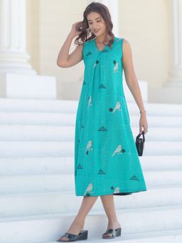 Sooti Syahi - Women Sparrow Tales Teal Hand Block Printed Cotton Dress