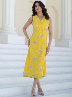 Sooti Syahi - Women Yellow Sunlit Sparrow Hand Block Printed Cotton Dress