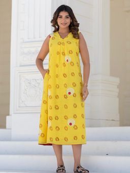 Sooti Syahi - Women Floral Medallion Yellow Hand Block Printed Cotton Dress