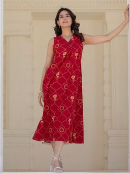 Sooti Syahi - Women Rose Tapestry Red Hand Block Printed Cotton Dress