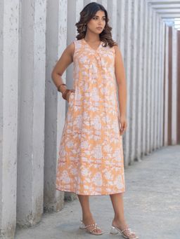 Sooti Syahi - Women Orange Ditsy Floral Hand Block Printed Cotton Dress