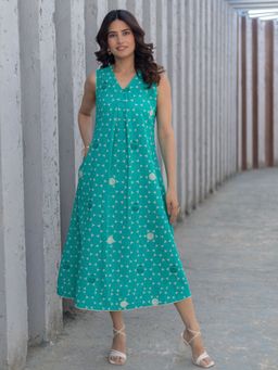 Sooti Syahi - Women Starry Nights Teal Hand Block Printed Cotton Dress