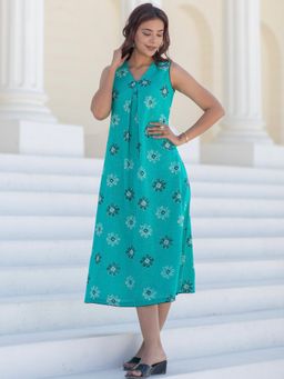 Sooti Syahi - Women Teal Cyan Blooms Hand Block Printed Cotton Dress