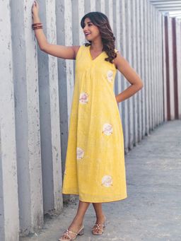 Sooti Syahi - Women Yellow Bird Whispers Hand Block Printed Cotton Dress