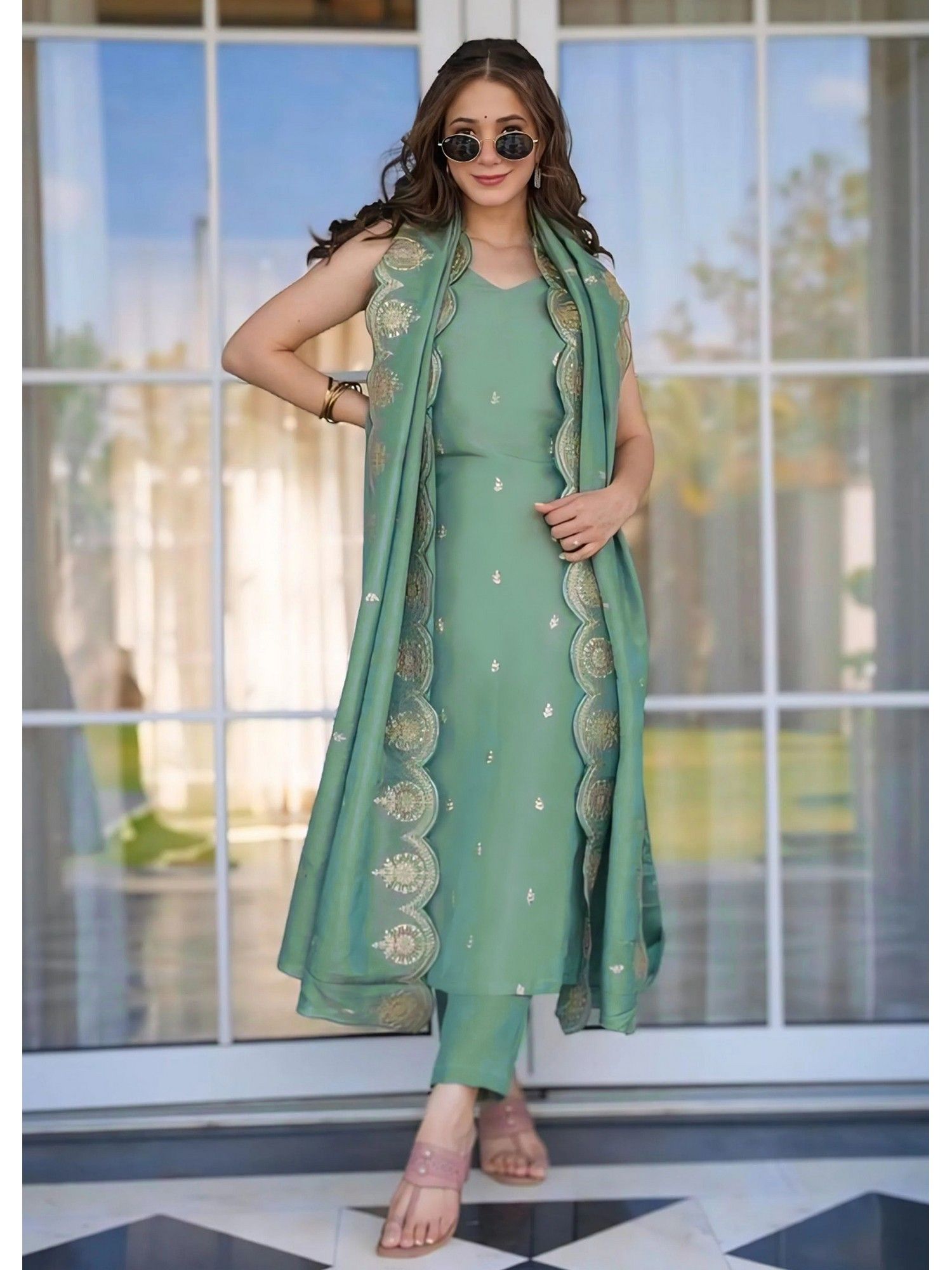 kedar fab Women Green Sakhi Kurta With Pant & Dupatta-picture-35