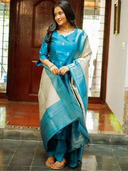 Kedar Fab - Women Art Silk Aqua Motif Kurta With Pant & Dupatta