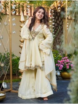 Kedar Fab - Women Off White Tyohaar Kurta With Palazzo & Dupatta