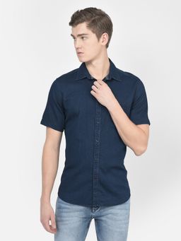 CRIMSOUNE CLUB - Men Navy Blue Short Sleeved Denim Shirt
