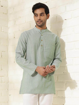 Fabindia - Green Cotton Striped Short Kurta