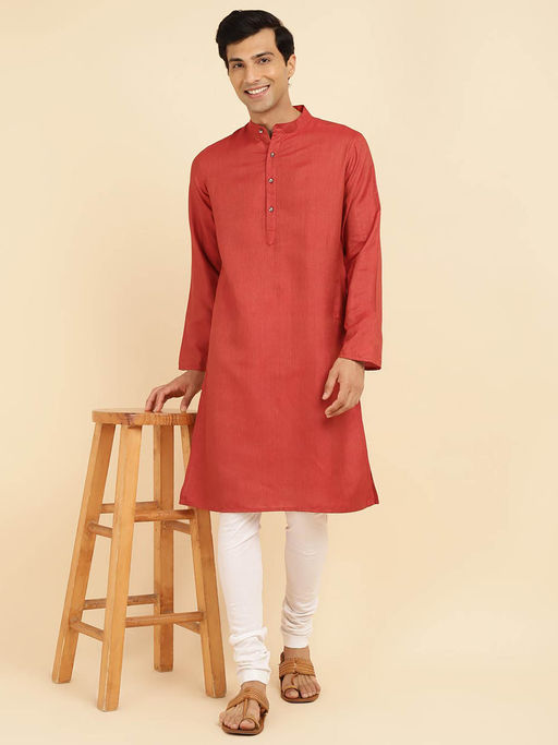Fabindia Red Viscose Blend Woven Long Kurta