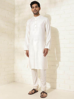 Fabindia - White Viscose Silk Slim Fit Long Kurta