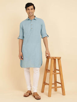 Fabindia - Blue Cotton Woven Pathani Kurta