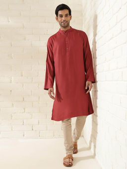 Fabindia - Red Viscose Silk Woven Long Kurta