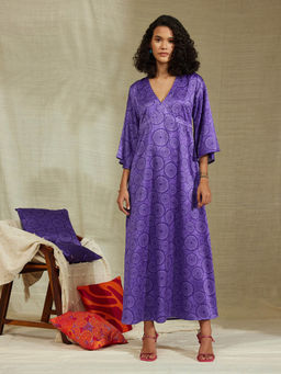 Pink Fort - Satin Floral Flared Dress Purple