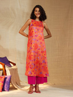 Pink Fort - Satin Floral A-Line Kurta Pink (Set of 2)