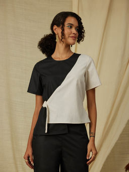 Pink Fort - Cotton Poplin Color Block Top Black & Cream