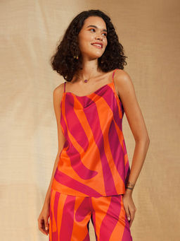 Pink Fort - Satin Abstract Print Cami Top Orange & Pink