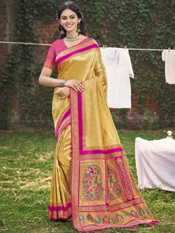 Sangam Prints - Gold Banarasi Silk Woven Tassel Saree with Unstitched Blouse