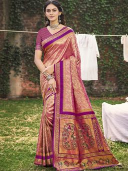 Sangam Prints - Peach Banarasi Silk Woven Tassel Saree with Unstitched Blouse
