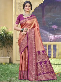 Sangam Prints - Peach Banarasi Silk Woven Tassel Saree with Unstitched Blouse