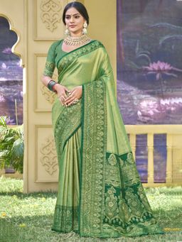 Sangam Prints - Light Green Banarasi Silk Woven Tassel Saree with Unstitched Blouse