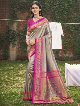 Sangam Prints - Grey Paithani Silk Woven Tassel Saree with Unstitched Blouse