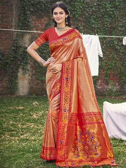Sangam Prints - Peach Paithani Silk Woven Tassel Saree with Unstitched Blouse