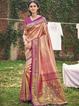 Sangam Prints - Light Pink Paithani Silk Woven Tassel Saree with Unstitched Blouse