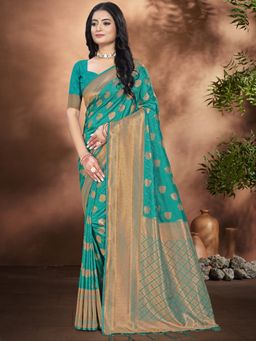 Sangam Prints - Turquoise Silk Woven Tassel Saree with Unstitched Blouse