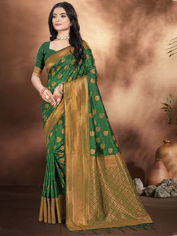 Sangam Prints - Green Silk Woven Tassel Saree with Unstitched Blouse
