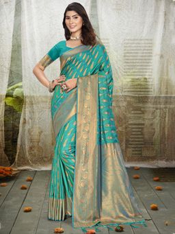 Sangam Prints - Turquoise Silk Woven Tassel Saree with Unstitched Blouse
