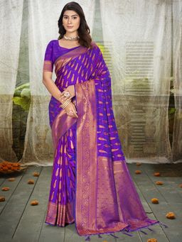 Sangam Prints - Purple Silk Woven Tassel Saree with Unstitched Blouse