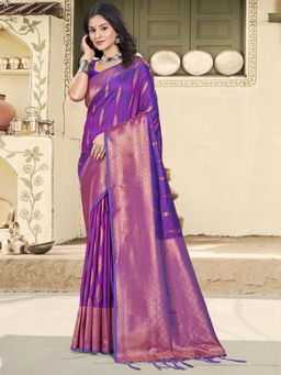 Sangam Prints - Purple Silk Woven Tassel Saree with Unstitched Blouse