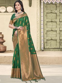 Sangam Prints - Green Silk Woven Tassel Saree with Unstitched Blouse