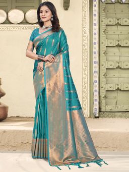 Sangam Prints - Teal Silk Woven Tassel Saree with Unstitched Blouse