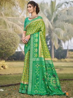 Sangam Prints - Green Silk Woven Tassel Saree with Unstitched Blouse